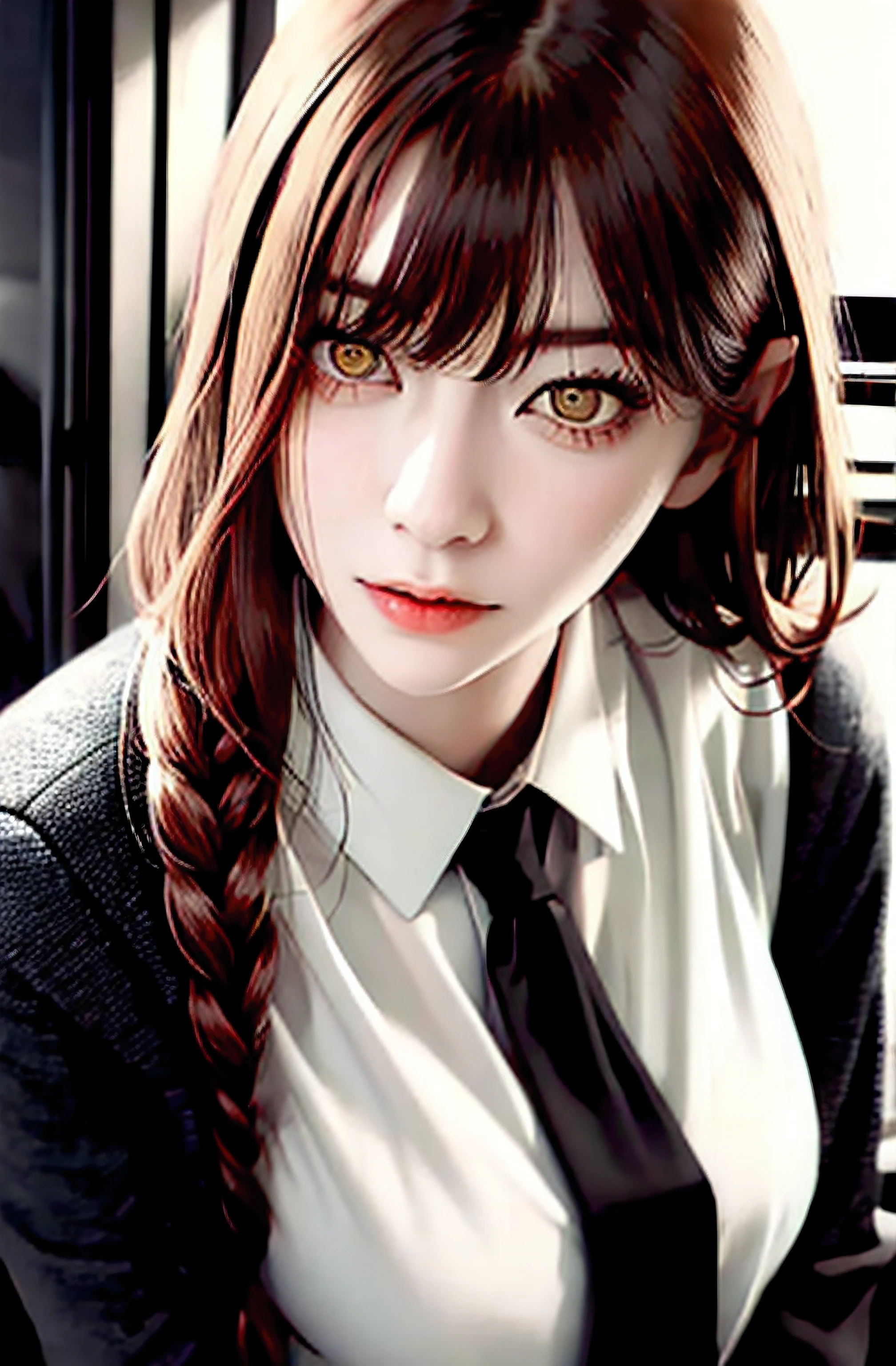 masterpiece, (photorealistic:1.4), best quality, beautiful lighting, (ulzzang-6500:0.5), makima \(chainsaw man\), (red hair)+(long braided hair)+(bangs), yellow eyes, golden eyes, ((ringed eyes)), (white shirt), (necktie), RAW photo, 8k uhd, film grain, sexy sitting over a podium, full body