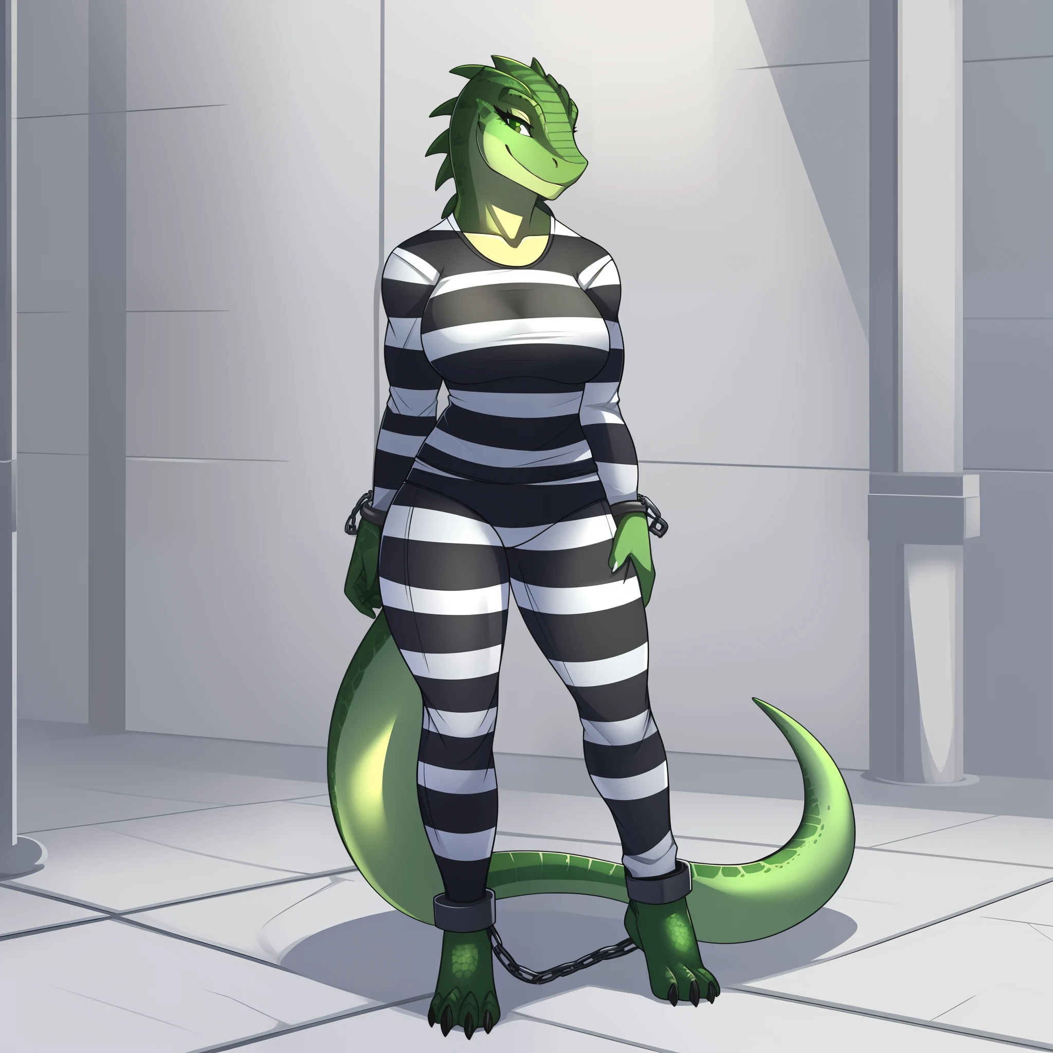 Solo, female, scalie, green eyes, lizard, smiling, green skin, green body, muscular, detailed hands, ((priclothes)), ((striped clothes)), prisoner, clothes, clothing, outfit, shirt, long sleeves, pants, full body, shackles, black and white stripes