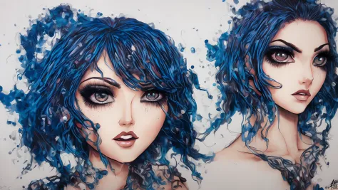 Chica 2D de ojos azules, cabello azabache con mechones azules y gran busto