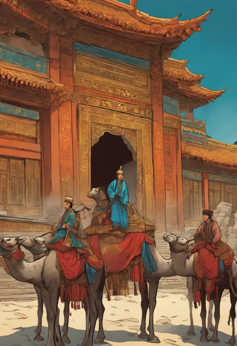 Chinese comics, The comic story is presented in multiple irregular colored panels..Ancient buildings.A man rides on a camel.Many people saw him off.The style is exaggerated and meticulous