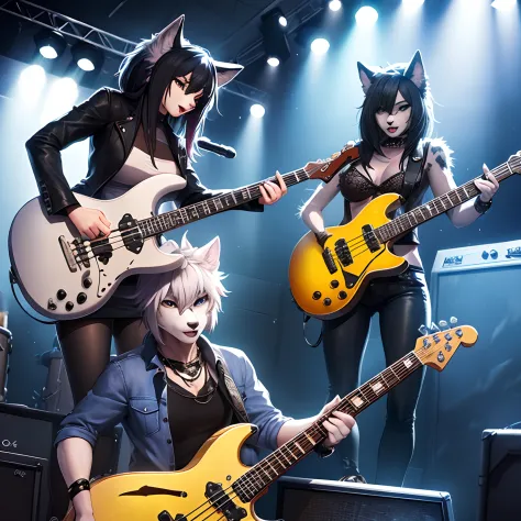 a rock band consisting of an anthro male arctic fox lead singer, an
anthro female husky playing the drums, an anthro female dalm...