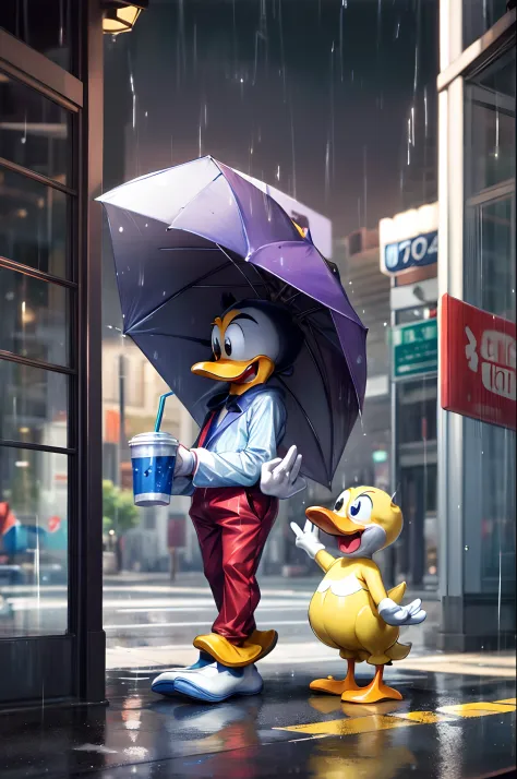 Hyper realistic Donald Duck in the rain wearing designer clothes with Jordan 4s and he looks sad with a styrofoam cup with a pur...