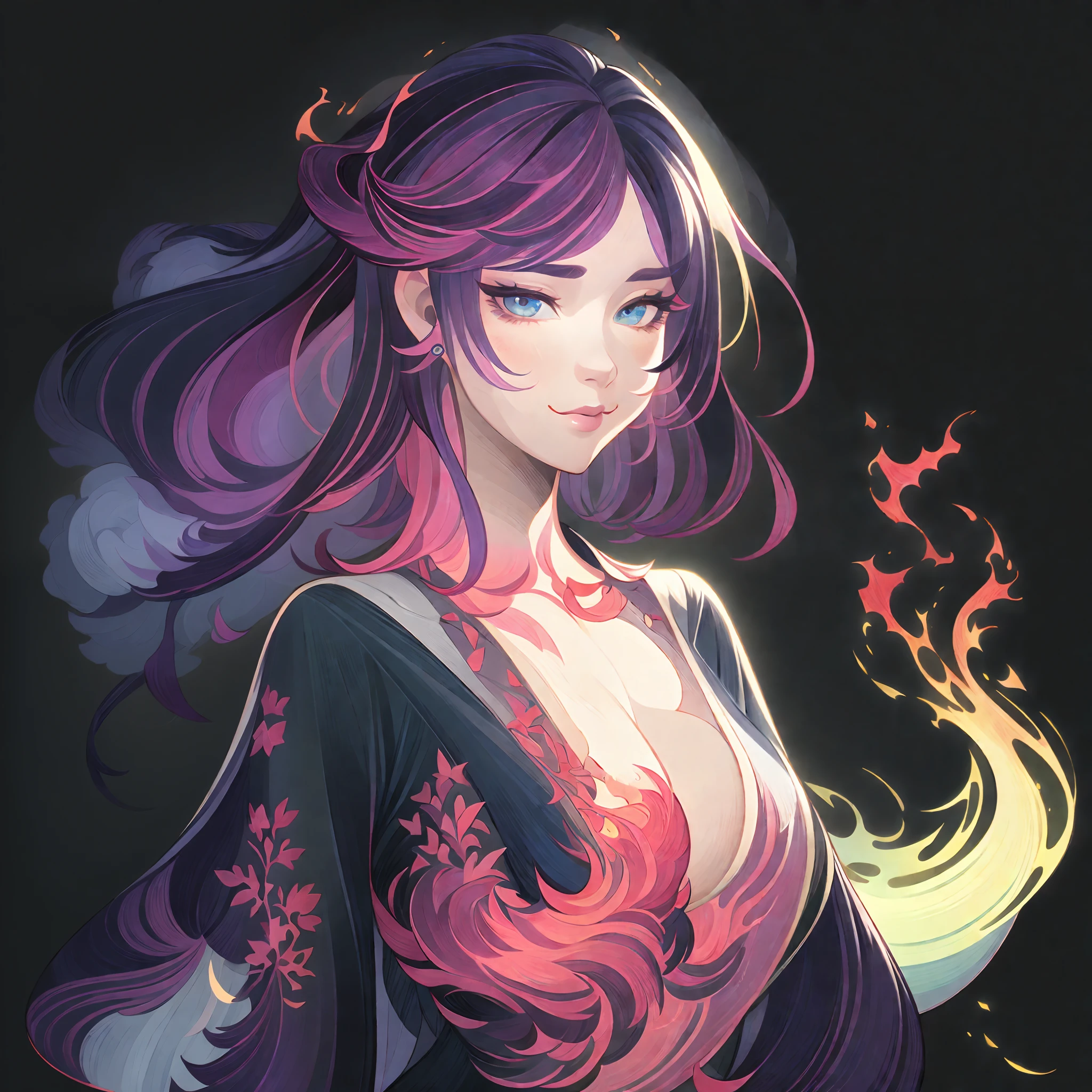 1个Giant Breast Girl，Flame Mage，Gorgeous long dress，Bust，独奏，Clear facial features，Simple line design，Transparent black background，Epic character design，fantasy concept art，(tmasterpiece，top Quority，best qualtiy，超高分辨率，Clear facial features，beautidful eyes，beauitful face)，(((独奏))), ((very simple background)), ((flatcolors))