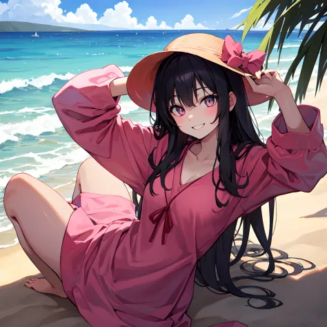 Black-haired tall girl with pink colored eyes, 17-18 years old, smiling, posing, busty, dark magic, hawaiin beach clothes