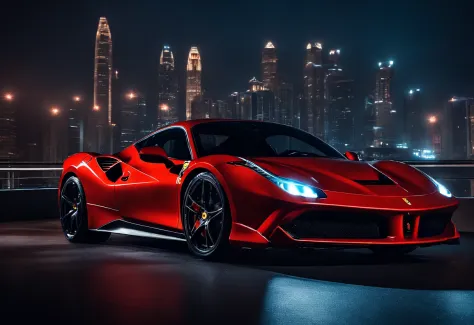 (Best quality, 8k, Masterpiece :1.2), hyper realistic, cyberpunk, at a mountain, an detailed red Ferrari 488, (Facing the audience), The blue skyscraper in the background, at night,