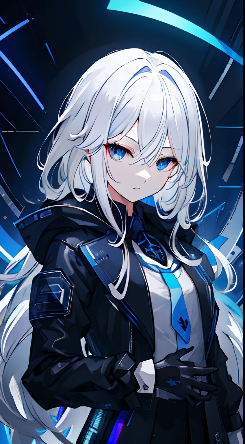 (absurdres, highres, ultra detailed), 1woman, mature female, aged up, wavy long hair, white hair, black eyes, bangs, long sleeves, finely detailed eyes and detailed face, extremely detailed CG unity 8k wallpaper, intricate details, portrait, looking at viewer, solo, (full body:0.6), detailed background, detailed face, (matrix theme:1.1) evil high-tech futuristic hacker,  advanced technology, hoodie, techwear, wearable device, keycard, cables, head-up display, blue (holographic display:1.05), access granted,   cybersecurity, server room in background, orange lights,  dark sinister atmosphere, , portrait, wind swirling