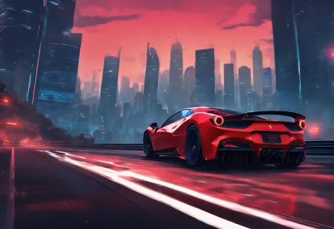 (Best quality, 8k, Masterpiece :1.2), hyper realistic, cyberpunk, at a mountain, an detailed red Ferrari 488, Speeding on the highway, (Facing the audience), The blue skyscraper in the background, at night,