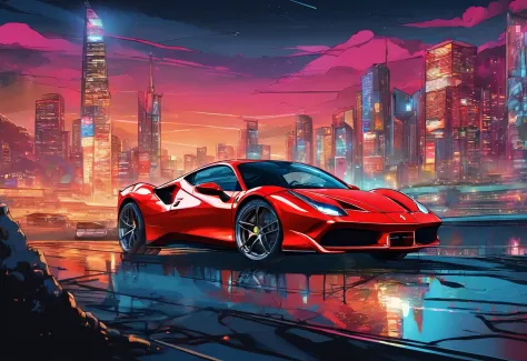 (Best quality, 8k, Masterpiece :1.2), hyper realistic, cyberpunk, at a mountain, an detailed red Ferrari 488, Speeding on the highway, (Facing the audience), The blue skyscraper in the background, at night,