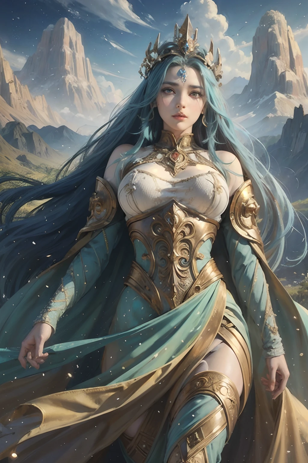 "(Masterpiece, Top Quality: 1.2), Official Art, Earth Goddess, Towering Over Mountains and Rivers, Holding the Planet Earth, Eyes (Deep Earthly Gaze: 1.3), Crown Adorned with Elements of Nature, (Gown of Majestic Landscapes: 1.4), (Immense Stature Amidst Earth's Beauty: 1.1), (Natural Background: 1.5), (Aura of Earthly Grandeur), Nature as Her Domain."