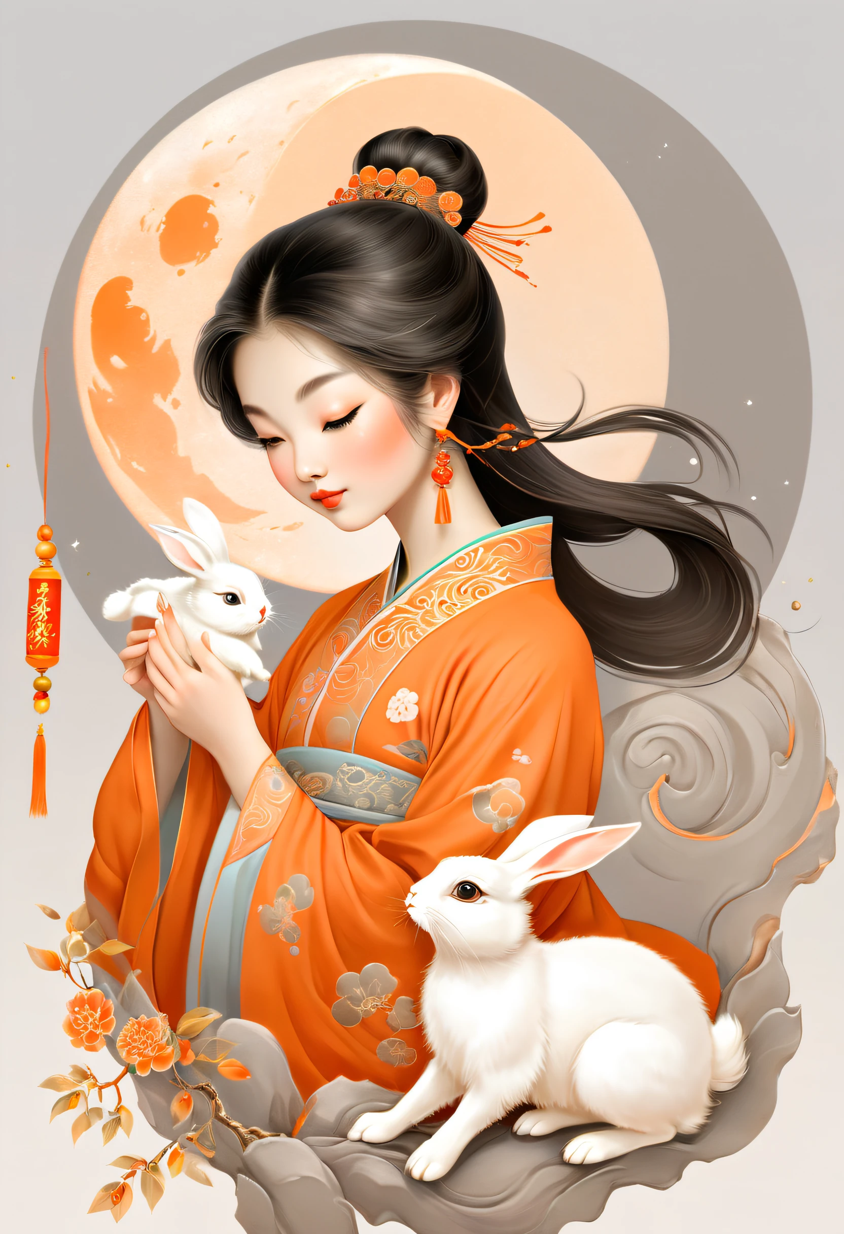 A young beautiful asian girl holding a cute rabbit，There is a decorated moon behind him， Light silver and orange, Vivid depictions of movement, Bell Stone, carefully designed, Margaret Braszingam, Light gold and orange，National style，illustration，Chinese style