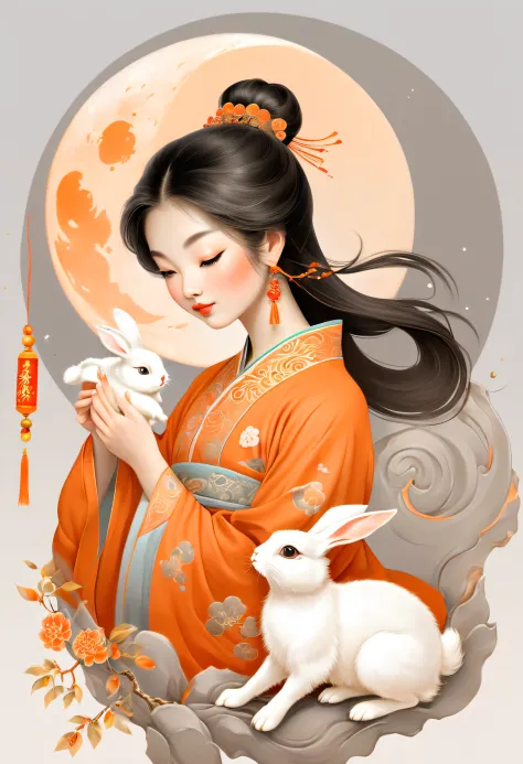 A young beautiful asian girl holding a cute rabbit，There is a decorated moon behind him， Light silver and orange, Vivid depictio...