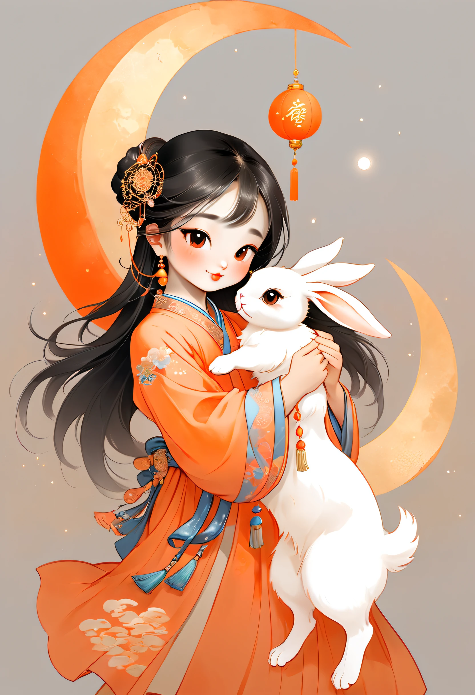 Eine junge schöne asiatische Mädchen hält ein süßes Kaninchen，Hinter ihm ist ein dekorierter Mond， Helles Silber und Orange, Bewegung anschaulich darstellen, Glockenstein, sorgfältig entworfen, Margaret Brasingam, Helles Gold und Orange，Nationaler Stil，Illustration，chinesischer Stil