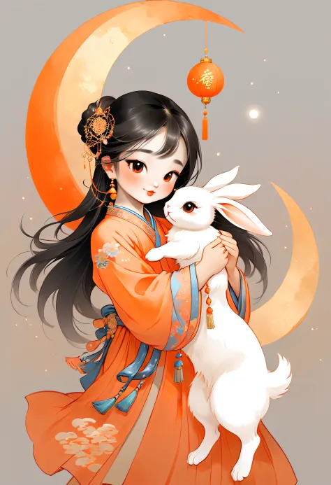 A young beautiful asian girl holding a cute rabbit，Behind him there is a decorated moon， Light silver and orange, Vividly depict...