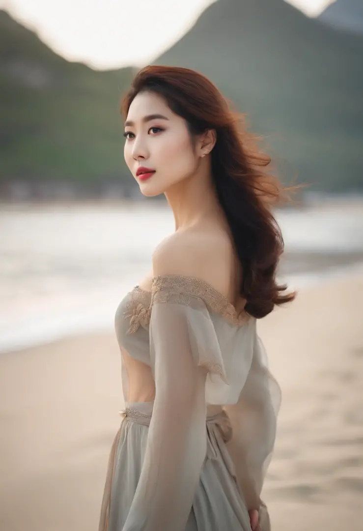 Korean woman with beautiful shape of rounded waist and perfect back on the beach is looking at camera