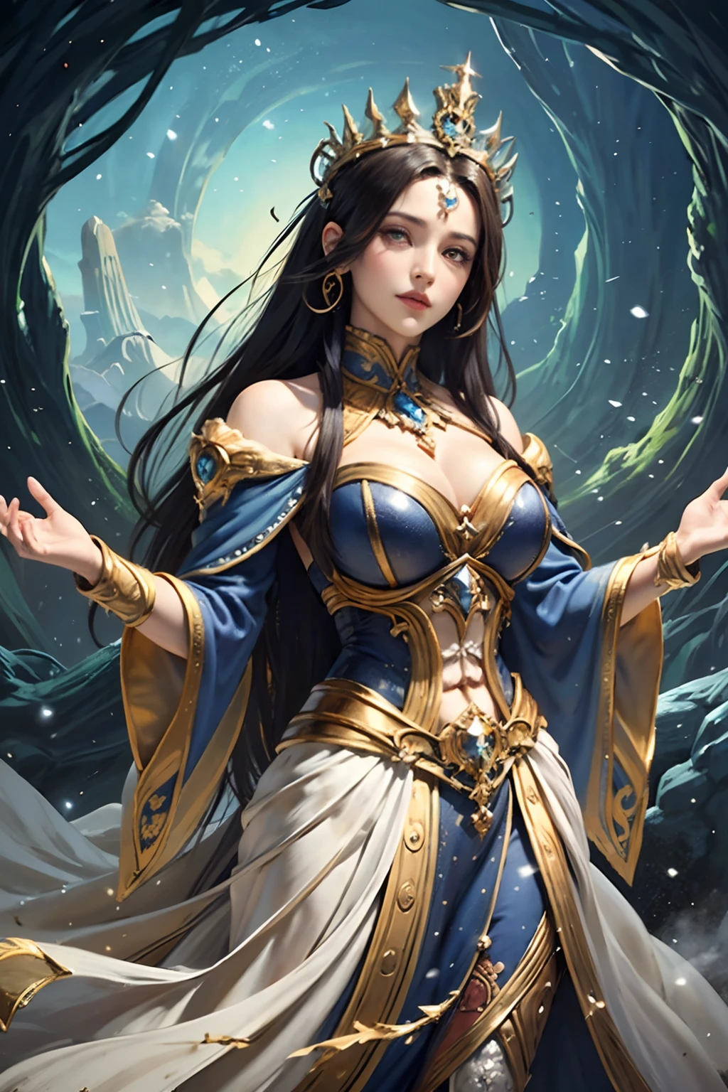 "(Masterpiece, Top Quality: 1.2), Official Art, Earth Goddess, Towering Over Mountains and Rivers, Holding the Planet Earth, Eyes (Deep Earthly Gaze: 1.3), Crown Adorned with Elements of Nature, (Gown of Majestic Landscapes: 1.4), (Immense Stature Amidst Earth's Beauty: 1.1), (Natural Background: 1.5), (Aura of Earthly Grandeur), Nature as Her Domain."