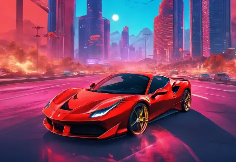 (Best quality, 8k, Masterpiece :1.2), hyper realistic, at a mountain, an detailed red Ferrari 488, Speeding on the highway, (Facing the audience), The blue skyscraper in the background, at night,