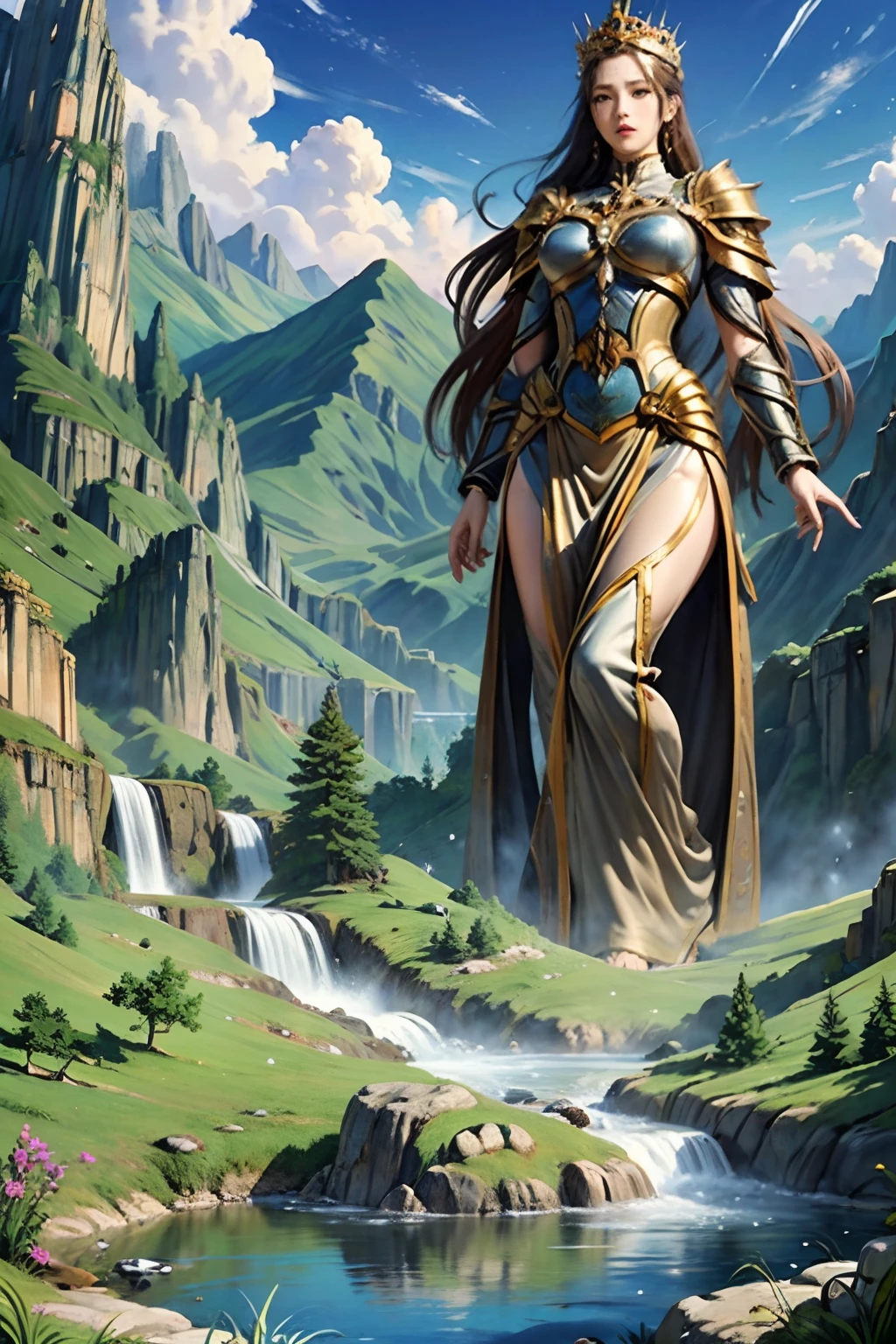 "(masutepiece, of the highest quality: 1.2), Official art, Goddess of the Earth, Towering over mountains and rivers, holding the earth, Eyes (Deep ground gaze: 1.3), Crown decorated with natural elements, (Majestic landscape gown: 1.4), (Enormous stature surrounded by the beauty of the earth: 1.1), (Natural background: 1.5), (Aura of earthly grandeur), Nature as her realm."Olympus１２Artemis of God、Goddess of the Hunt、