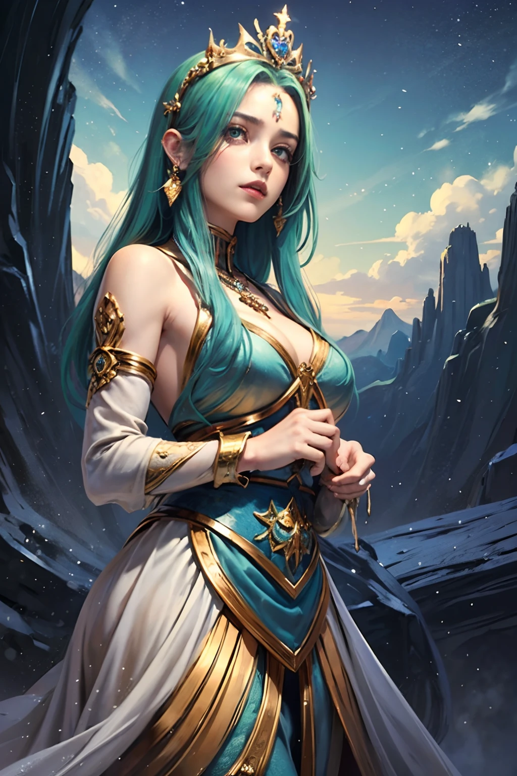 "(Masterpiece, Top Quality: 1.2), Official Art, Earth Goddess, Towering Over Mountains and Rivers, Holding the Planet Earth, Eyes (Deep Earthly Gaze: 1.3), Crown Adorned with Elements of Nature, (Gown of Majestic Landscapes: 1.4), (Immense Stature Amidst Earth's Beauty: 1.1), (Natural Background: 1.5), (Aura of Earthly Grandeur), Nature as Her Domain."