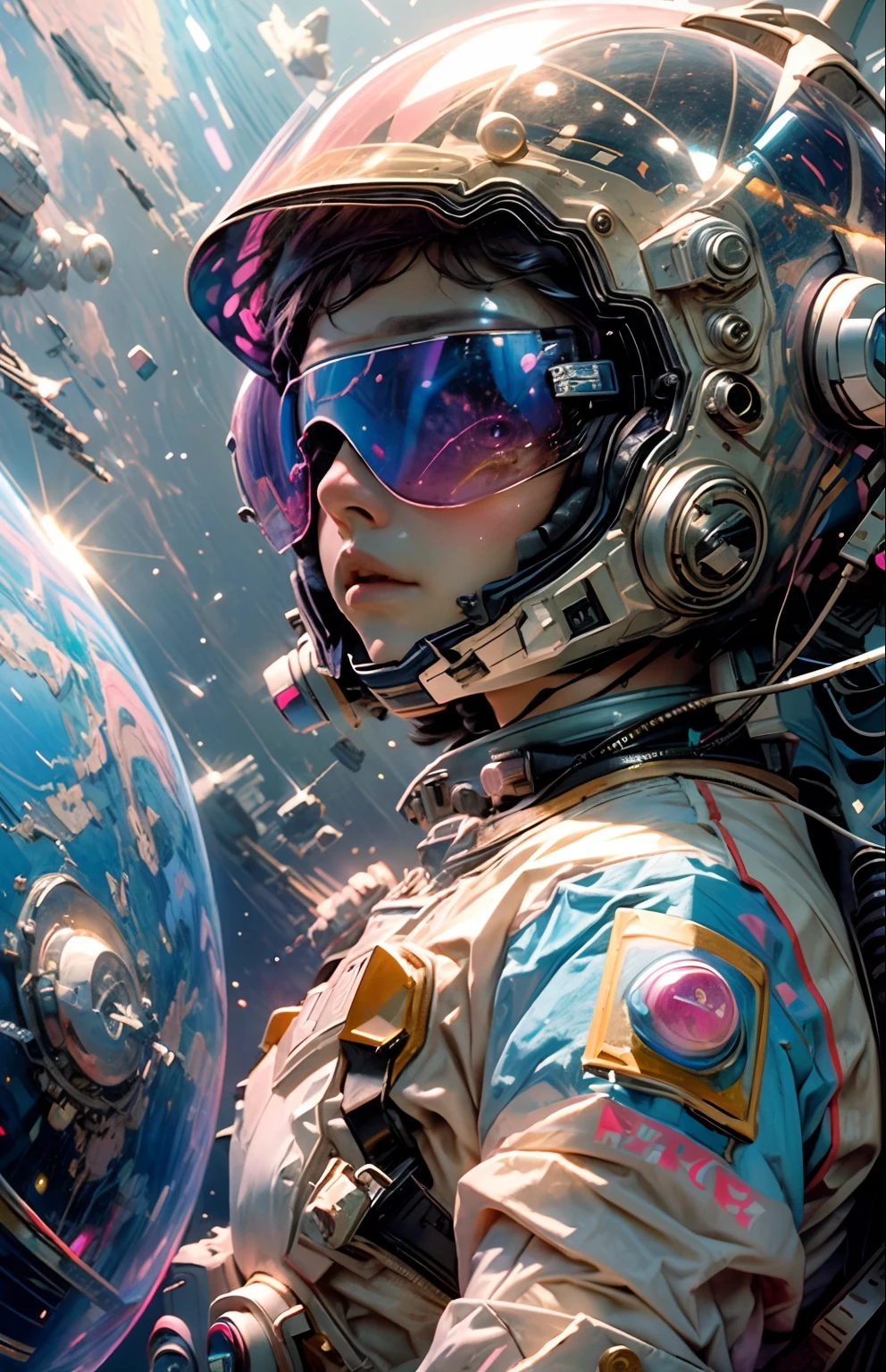 "((masterpiece)), best quality, pink, a delicate astronaut exploring a bubblegum world, light and space, a wide variety of pastel shades, All in high definition and detail, such as zero gravity, helmet visor displaying the universe, wearing black uv glasses, deep space, stars, galaxies, colorful space rocks, a lot of energy and emotion!"