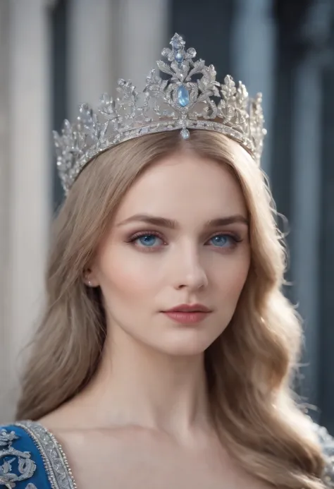Full-body shot of a noble female in her 20s, inspired by Isabella Santoni, silver circlet, blue modern royal clothes with silver details, bright silvery blue eyes and pale white skin, ultra sharp focus, realistic shot, in modern royal setting,