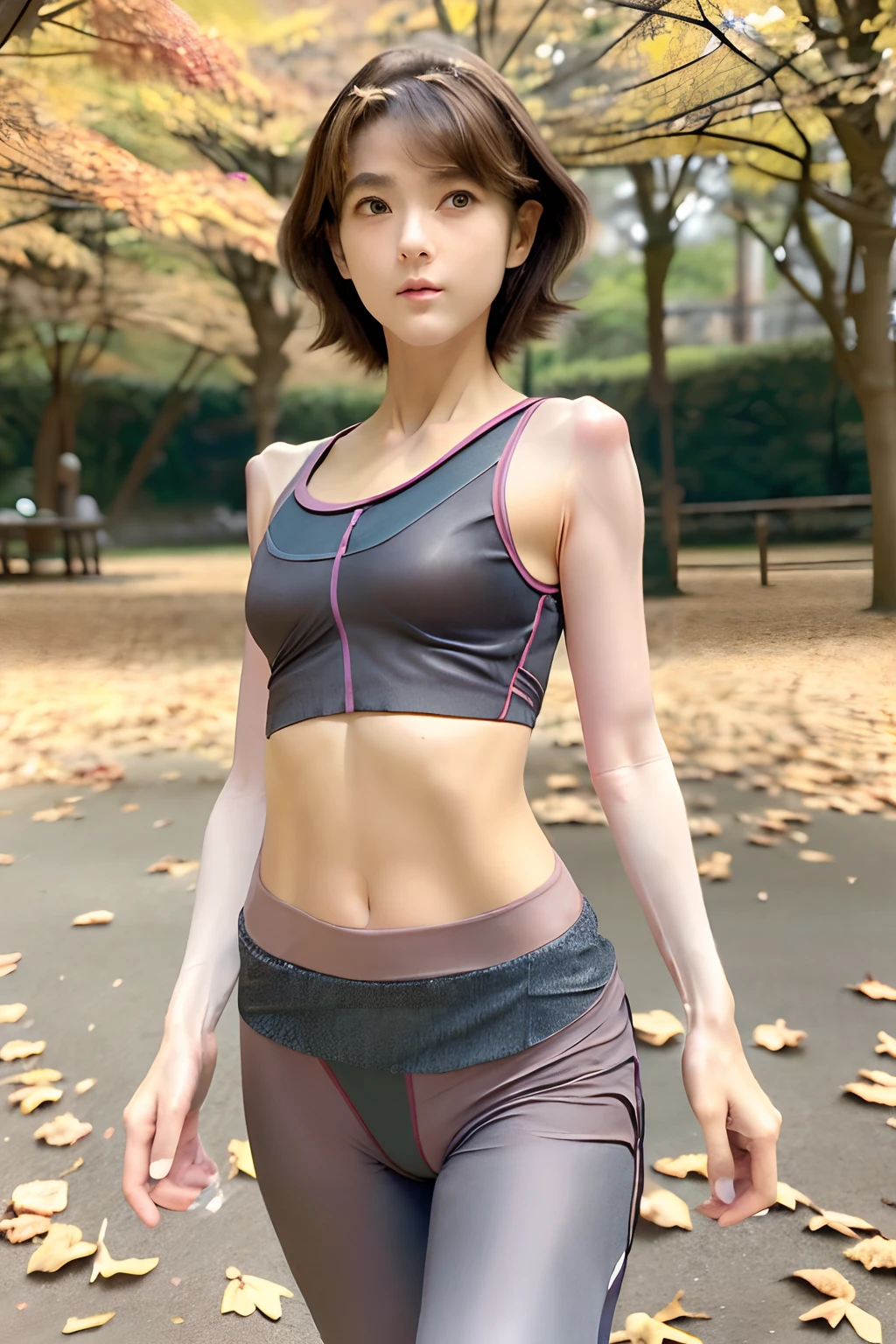 Arafed asian woman in a sports bra top and leggings walking in a park -  SeaArt AI