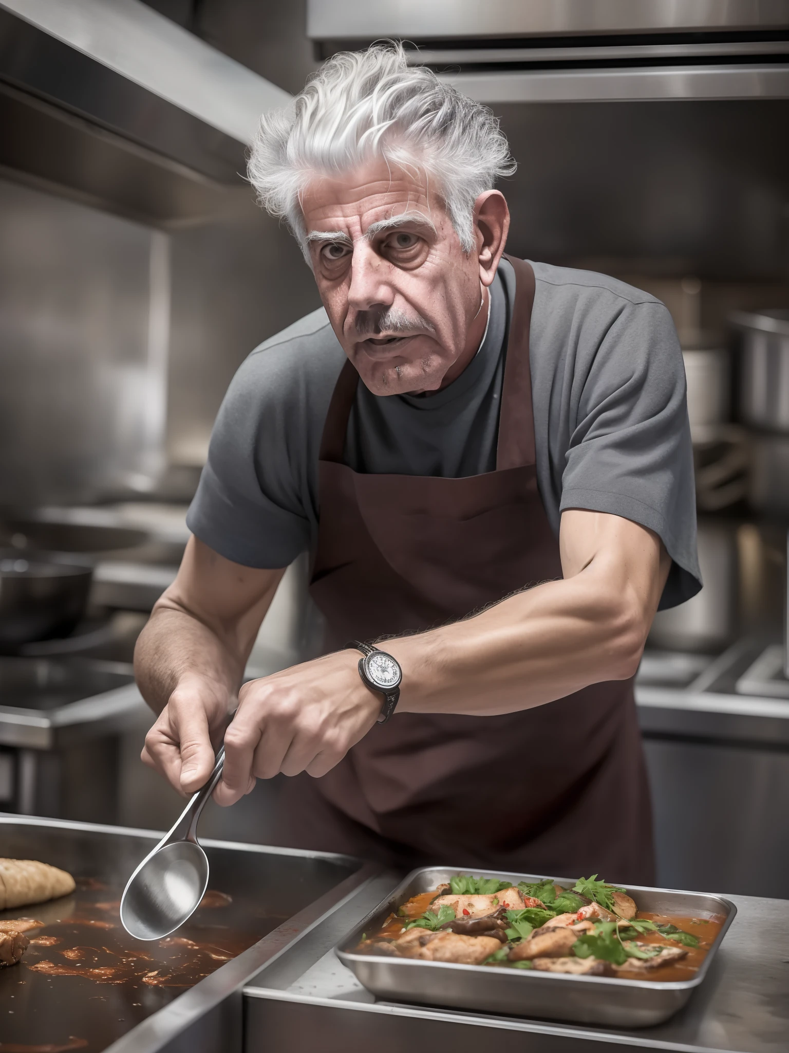 A raw, edgy, gritty street art style image of Anthony Bourdain, captured in real time commanding a chaotic professional kitchen, highlighting deep stainless steel reflectiions and intense contrasts, vintage grunge aesthetic, with an alluring presence, as he engages in cooking high classic Michelin star food --auto --s2