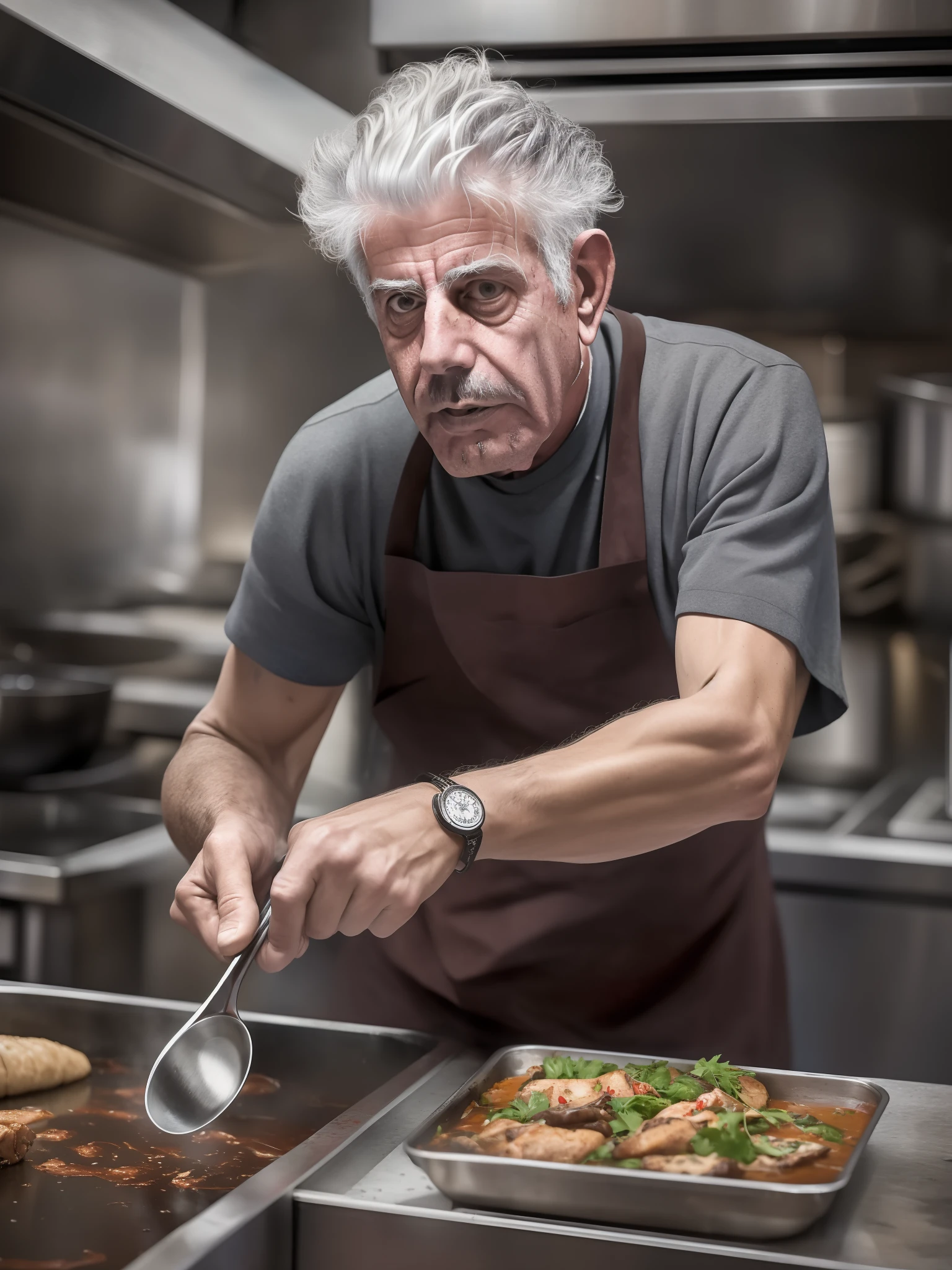 Un cru, nerveux, une image de style street art granuleux d'Anthony Bourdain, capturée en temps réel en train de commander une cuisine professionnelle chaotique, mettant en évidence les réflexions profondes en acier inoxydable et les contrastes intenses, esthétique grunge vintage, avec une présence envoûtante, alors qu'il s'engage dans la cuisine de plats classiques haut de gamme Michelin - auto - s2