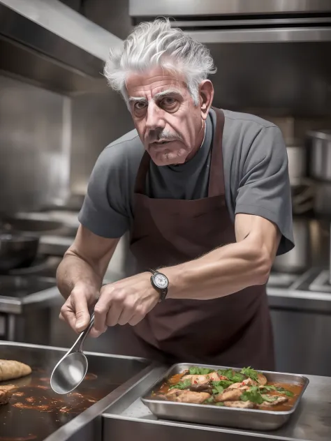 A raw, edgy, gritty street art style image of Anthony Bourdain, captured in real time commanding a chaotic professional kitchen,...
