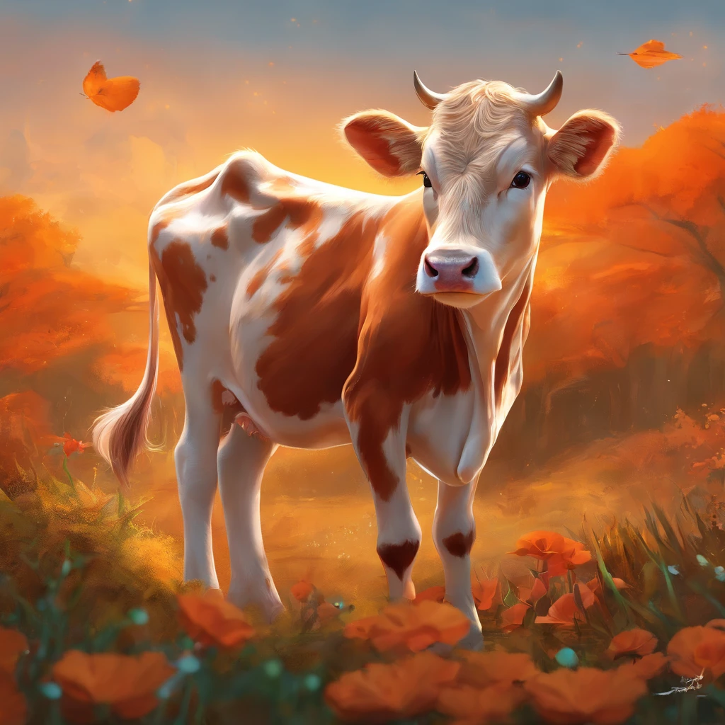 Cute baby cow，A calf in an orange dress，Kers comic book style,3D rendering wind，interior setting，Natural light，High-definition large image