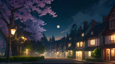 anime,anime landscape,quiet street,house,tree,street lamp,moon,(best quality,8k),vibrant colors,lush greenery,peaceful ambiance,...