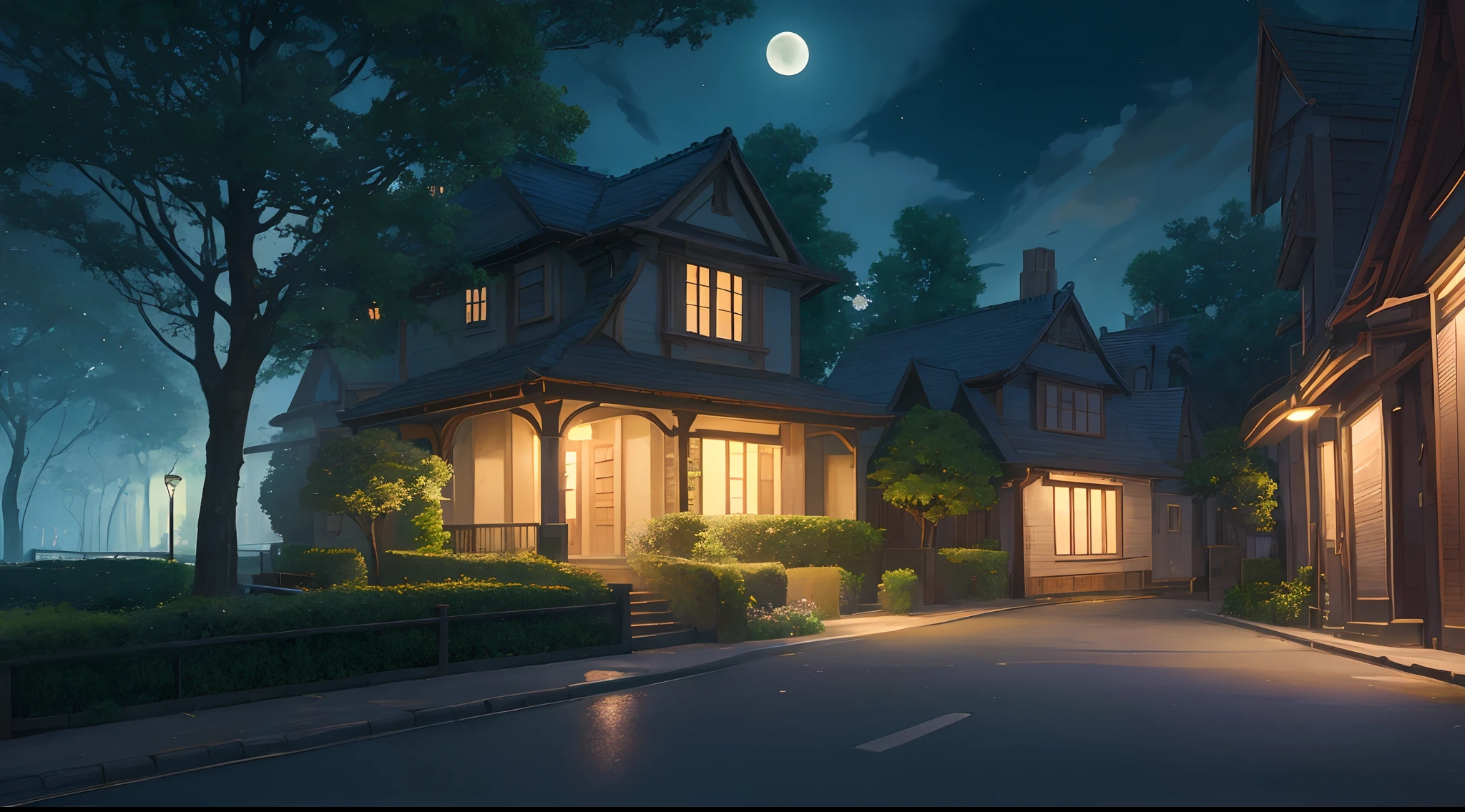 anime,anime landscape,quiet street,house,tree,street lamp,moon,(best quality,8k),vibrant colors,lush greenery,peaceful ambiance,captivating atmosphere,complex details,expressive characters,futuristic elements,surreal aesthetic,dimly lit environment,serene mood,meticulous artwork,impressive cityscape,tranquil night scene,dynamic lighting,immersive setting