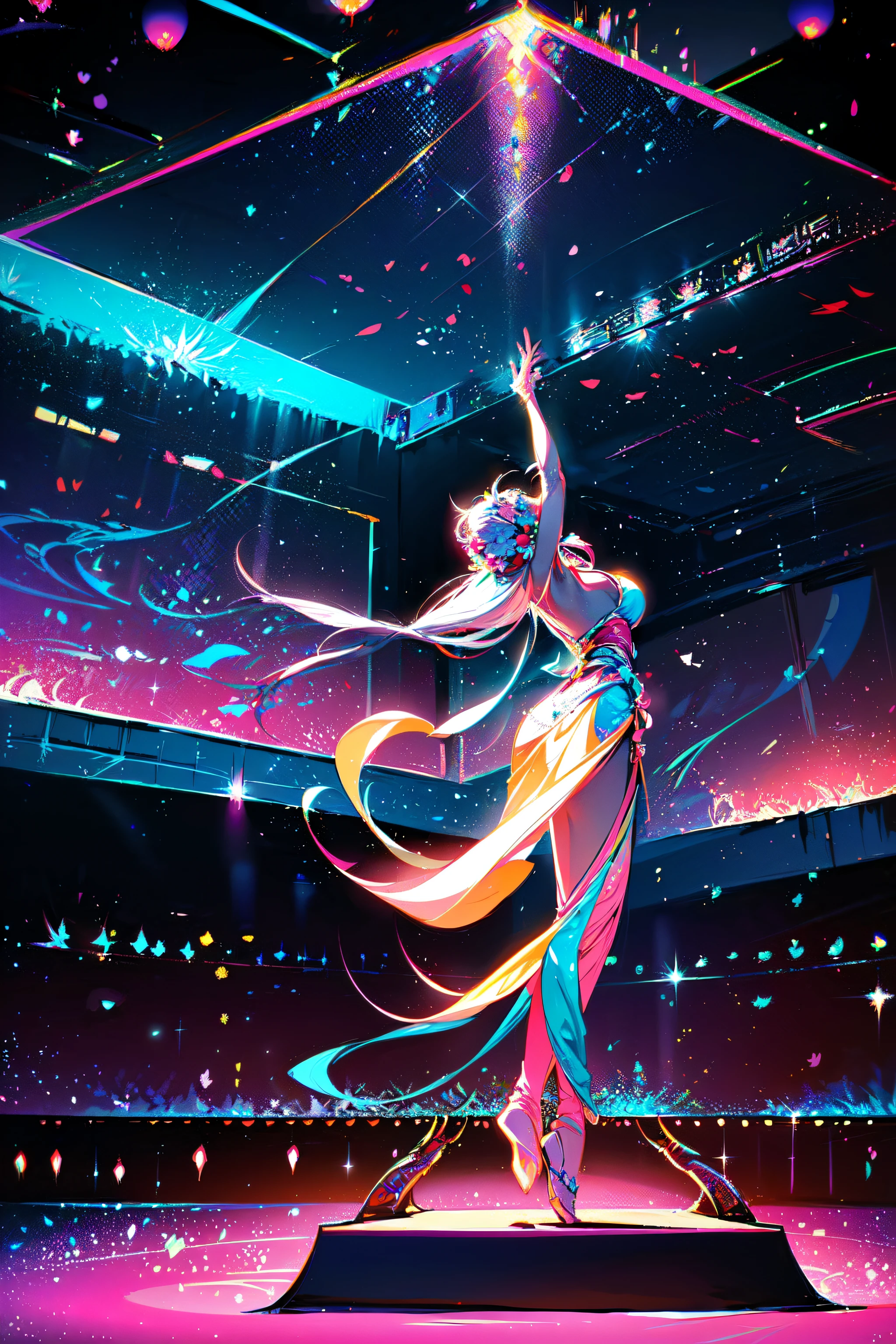 Beautiful female dancer in flowing dance dress, (Glowing fairy wings), Sparkling prom dress, wavy and long hair, Sparkling butterfly wings, Watercolor illustration, Flowers and colorful plants, Look at the stage at a forty-five-degree angle，A ray of light，Dark environment，The outline of the stage is blurred， disney artstyle, glowing aura around her, Glowing lights! Beautiful digital illustration of flowing glowing hair, Fantasia otherworldly landscape plant flowers，Masterpiece, Best quality, Anime Disney style，wide-angle vistas