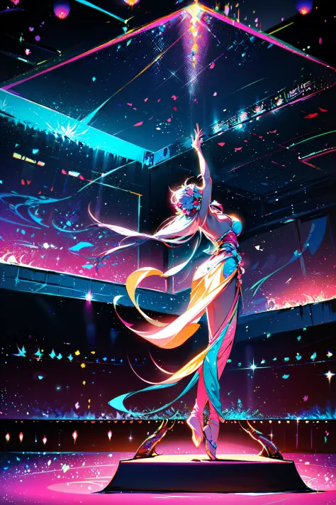 Beautiful female dancer in flowing dance dress, (Glowing fairy wings), Sparkling prom dress, wavy and long hair, Sparkling butterfly wings, Watercolor illustration, Flowers and colorful plants, Look at the stage at a forty-five-degree angle，A ray of light，...