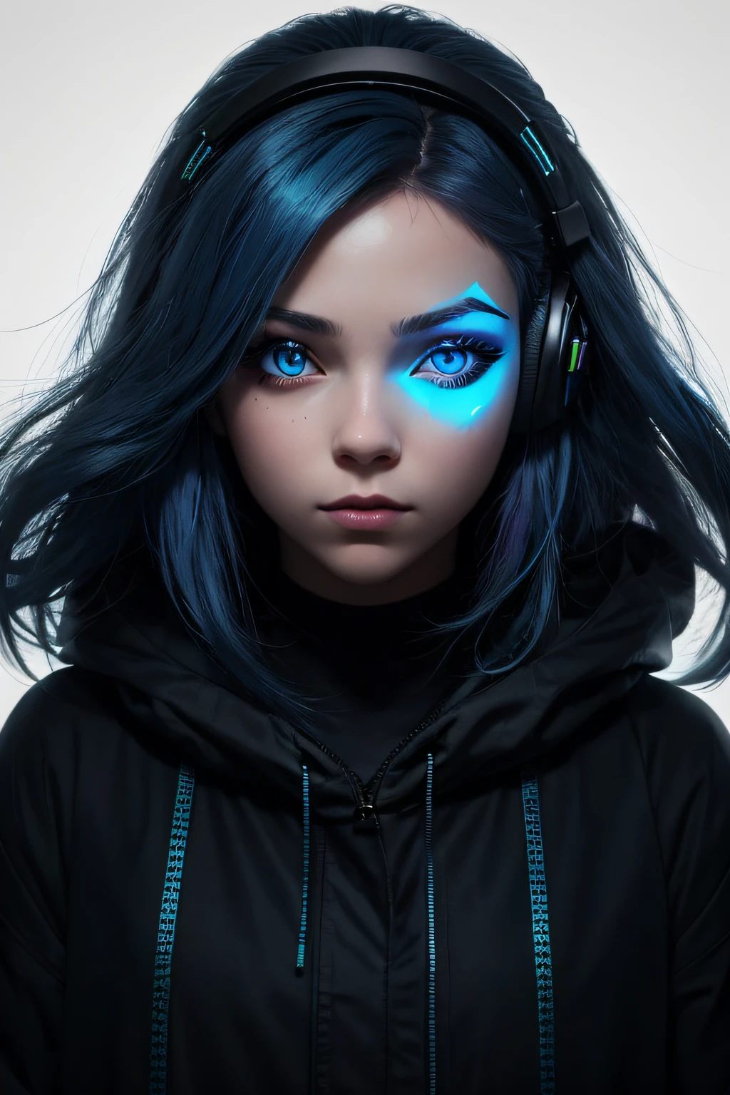 girl with long blue hair, blue eyes, futuristic vibes, mask on mouth, headphones, 8k, high quality, simple background, glowing eyes, nice pose