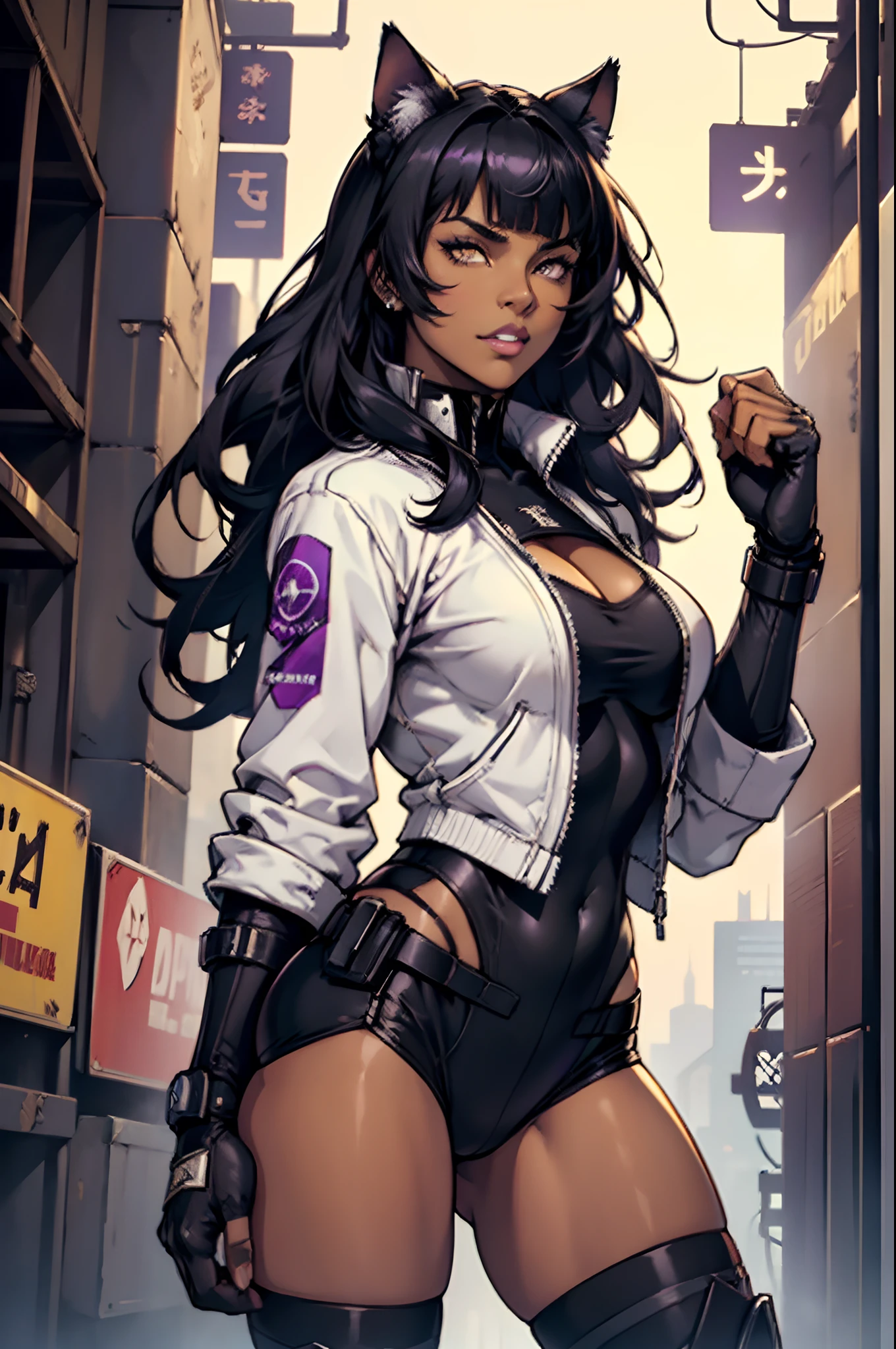 (masterpiece, best quality:1.3), highly detailed, intricate, professional art, digital art, 8K, blake belladonna, (african woman: 2.3), (dark skin: 2.8), stands while looking around, front view, huge breasts, (cyberpunk styled complex background, city:1.15), close up, cowboy shot, animal eyes, cat ears, big ass, black hair, long hair, blunt bangs, lipstick, (purple makeup:1.1), black eyeshadow, smokey eyes, detailed hair, ultra detailed face, yellow eyes, perfect eyes, beautiful eyes, detailed eyes, perfect face, (very dark skin: 1.8), african woman, (african woman: 2.1), very dark skin character, (very dark skin: 3.2) (tail:0), (japanese clothes:0.6), (leotard:1.2), bicep-length gloves, fingerless gloves, (hip vent:0.9), (bridal gauntlets:1.1), shrug (clothing), black gloves, elbow gloves, (young female, 16 years old:1.1, black woman: 2.4), Large Breasts, cleavage, (fit body: 1.1) Half jacket that fused with half leotard. Black and white outfit. Her weapon Gambol Shroud in piston form.