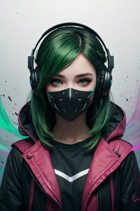 girl with long green hair, green eyes, futuristic vibes, mask on mouth, headphones, 8k, high quality, simple background, glowing...