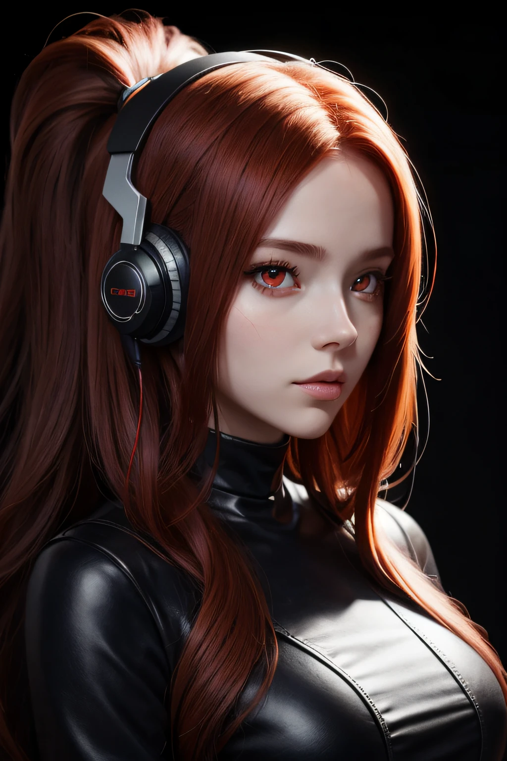 girl with long red hair, red eyes, futuristic vibes, mask on mouth, headphones, 8k, high quality, simple background, glowing eyes, nice pose