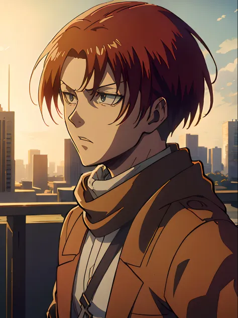 anime character with red hair and a scarf on in front of a city, portrait of eren yeager, badass anime 8 k, anime epic artwork, 4 k manga wallpaper, 4k anime wallpaper, eren yeager, anime wallpaper 4k, anime wallpaper 4 k, anime art wallpaper 4 k, anime art wallpaper 4k, detailed key anime art