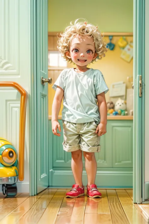 a picture of a small child standing behind a door, his face is half hidden, he smiles, evil smile, blond hair, curly hair, red eyes, wearing white shirt, wearing short pants, modern day child room background, toys spread background,