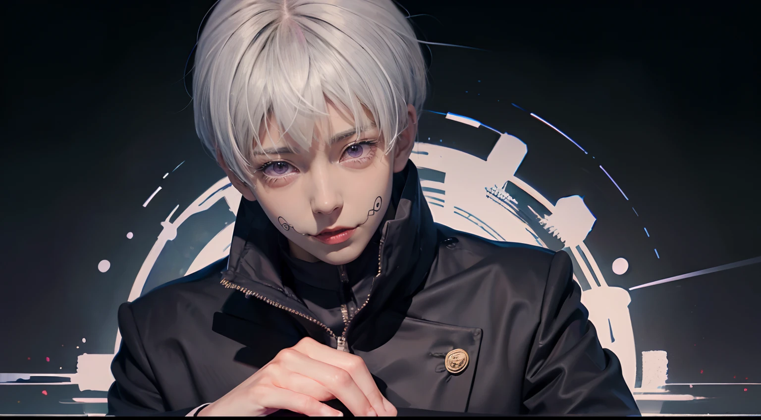 inumaki toge, facial tattoo, white hair, , black jacket, high collar, long sleeves, realistic, film grain, upper body, 1boy, detailed face, detailed skin, skin pores, handsome