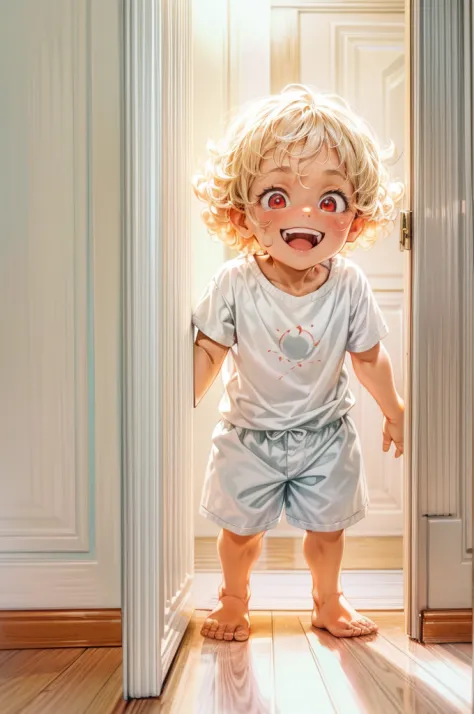 a picture of a small child standing behind a door, his face is half hidden, he smiles, evil smile, blond hair, curly hair, red e...