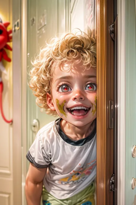 a picture of a small child standing behind a door, his face is half hidden, he smiles, evil smile, blond hair, curly hair, red eyes glowing eyes, wearing white shirt, wearing short pants, modern day child room background, toys spread background,