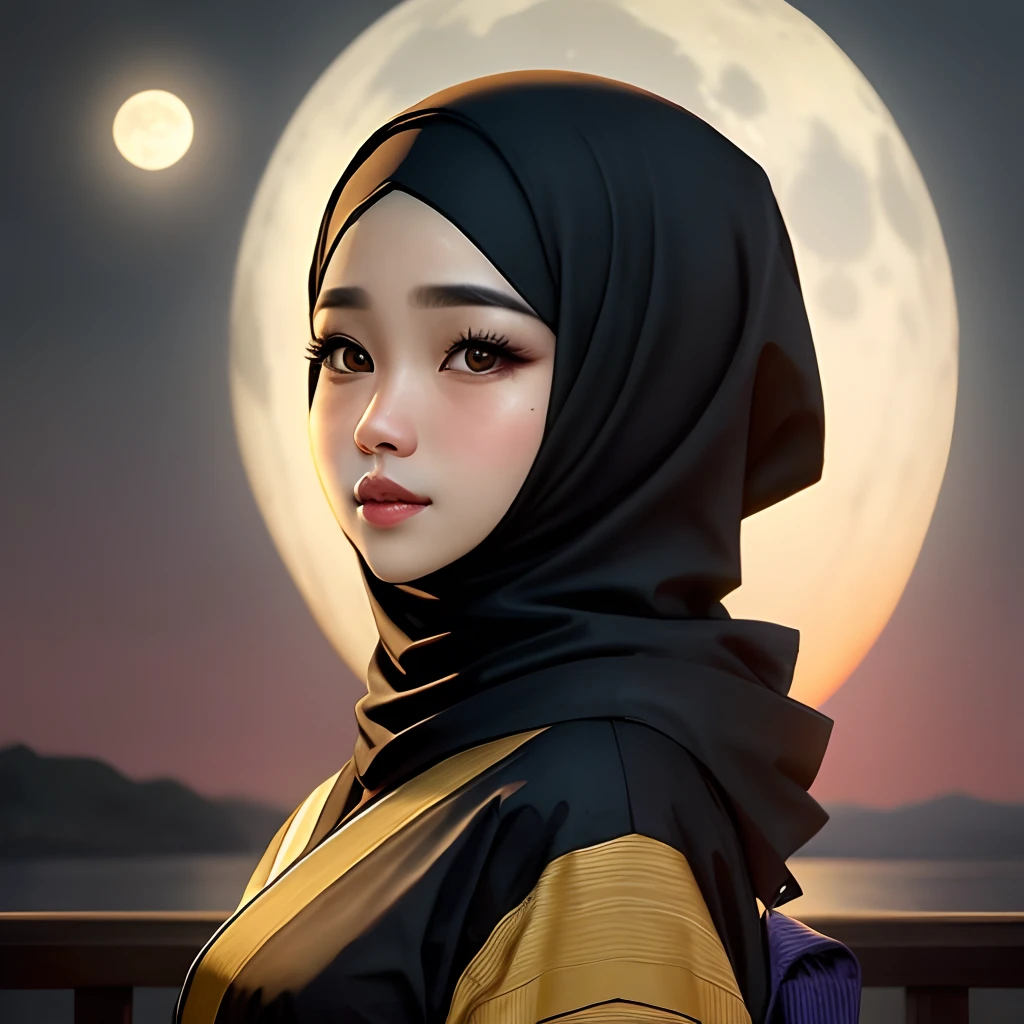 perempuan, berhijab, natural, putih bersih, bibir merah muda, dengan background ungu hitam, cahaya bulan purnama
berbaju kimono putih dengan corak bunga