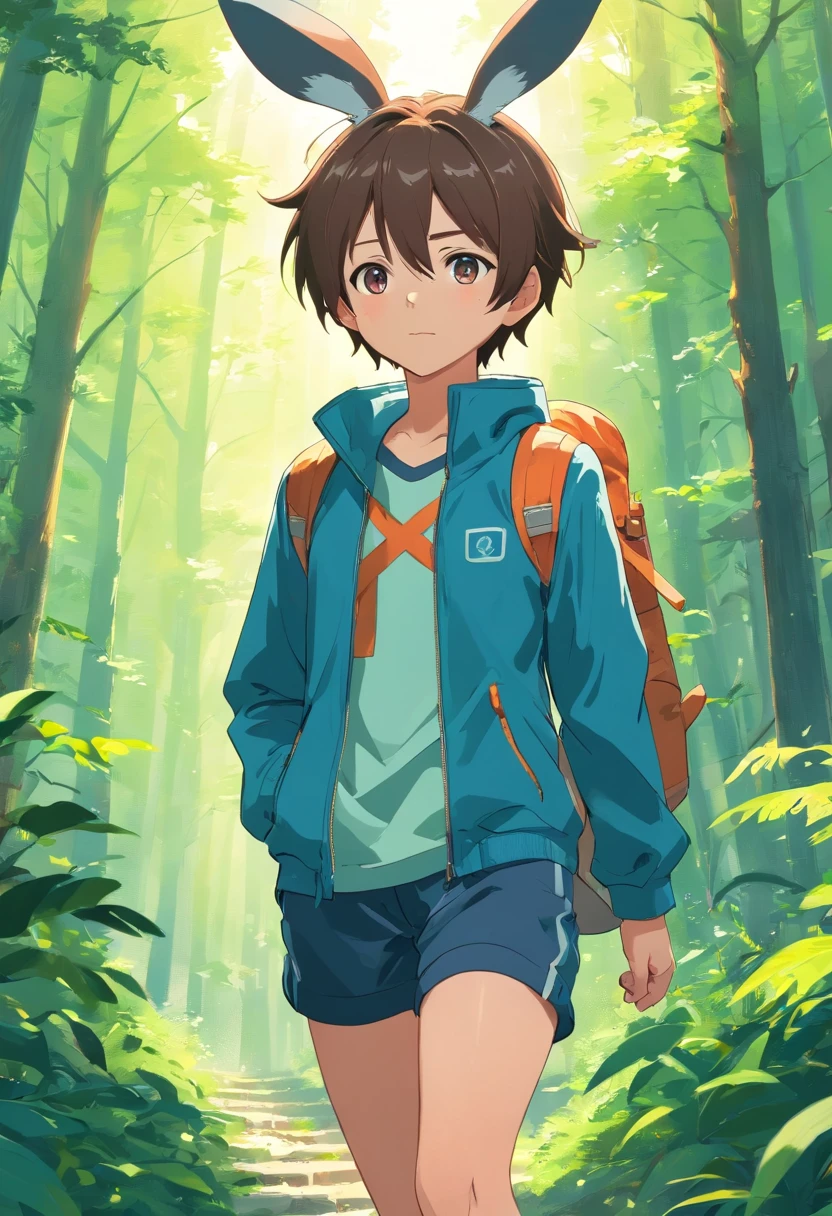 Two-dimensional boy Shota，One-piece hiking suit，headset on head，adolable，standing on your feet，Protective goggles，Rabbit ears and rabbit tail