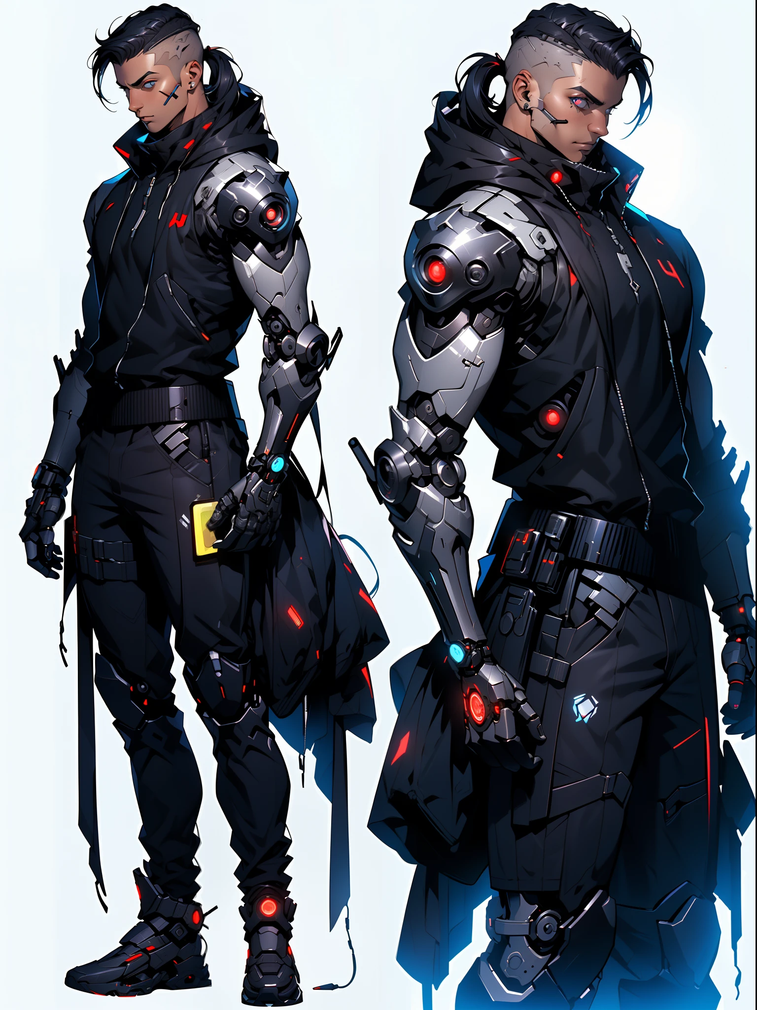 (Very detailed), (((best quality, high quality))), ((((UHD, highres)))), (((multiple views))), (concept art), (character sheet), cyberpunk, robotic eyes, cyberpunk augmentation on head and arms, cyborg augmentation, Full body, hea front view, front and side view, white background