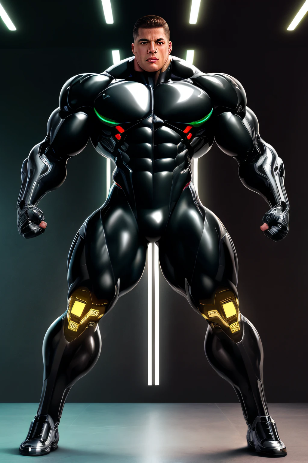 ((Full body image)) Cyborg hero, metalic black bodysuit, muscular ...