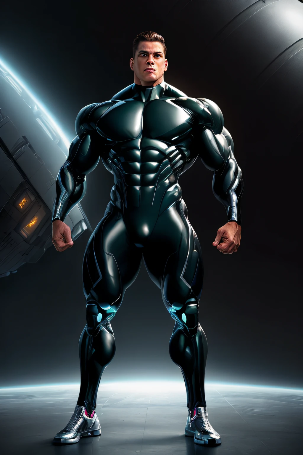 ((Full body image)) Cyborg hero, metalic black bodysuit, muscular ...