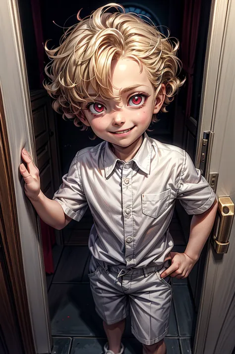 a picture of a small child standing behind a door, his face is half hidden, he smiles, evil smile, blond hair, curly hair, red e...