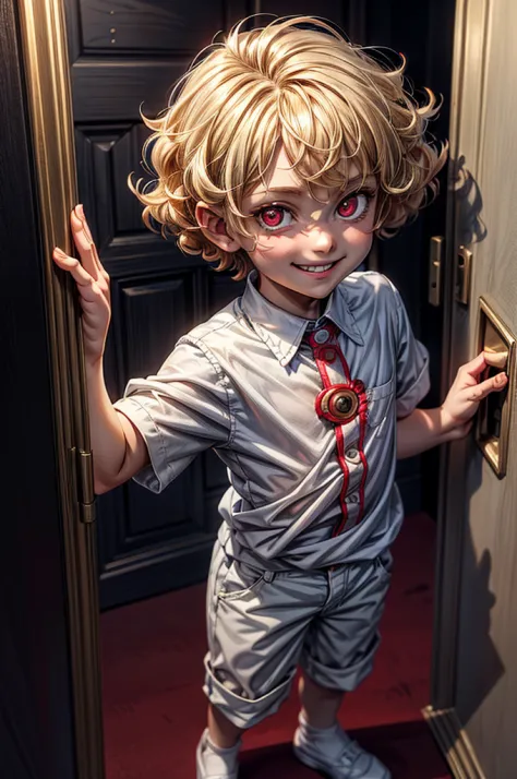 a picture of a small child standing behind a door, his face is half hidden, he smiles, evil smile, blond hair, curly hair, red e...