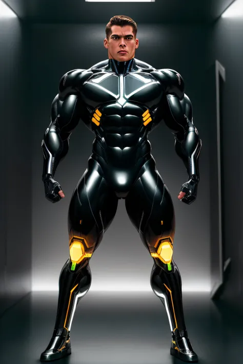 ((Full body image)) Cyborg hero, metalic black bodysuit, muscular ...